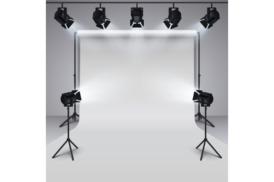 Lighting equipment and professional photography studio white blank bac