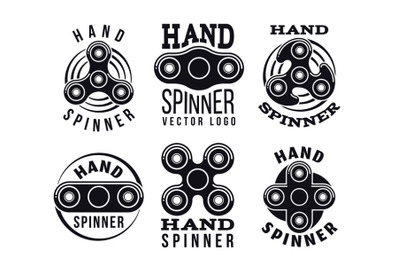 Hand spinner vector logo and labels. Fidget spinners emblems