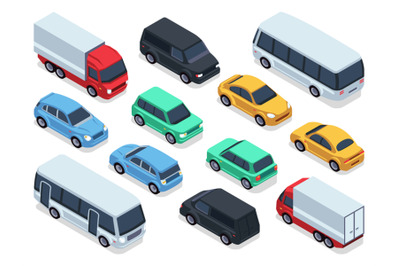 Isometric vehicles and cars for 3d city traffic map. Vector urban tran