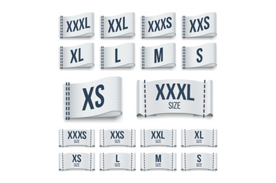 Size clothing fabric ribbon labels. Garment tags vector set