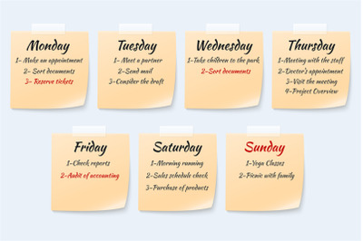 Weekly job plan on sticky notes, ugent work event paper memo vector se