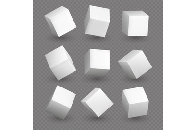 Cube 3d models in perspective. Realistic white blank cubes with shadow