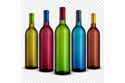 Realistic transparent glass wine bottles isolated on checkered backgro