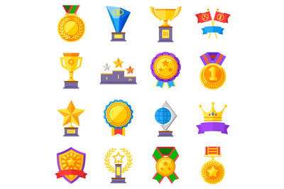 Flat rewards vector icons. Gold cups, medals and crowns pictograms