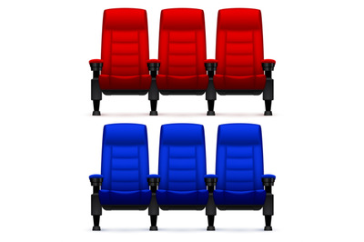 Cinema empty comfortable chairs. Realistic movie seats vector illustra