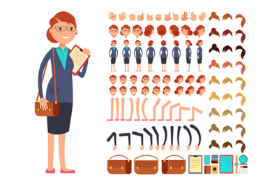 Cartoon flat businesswoman vector character constructor with set of bo