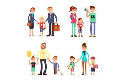 Kids and parents in happy family. Mom, dad and children vector flat ch