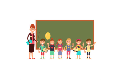 Happy teacher with kids in school. Teaching children vector background