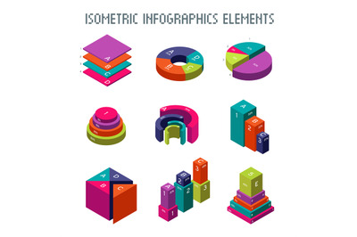 Infographic isometric vector elements. 3d pie graph, charts and progre