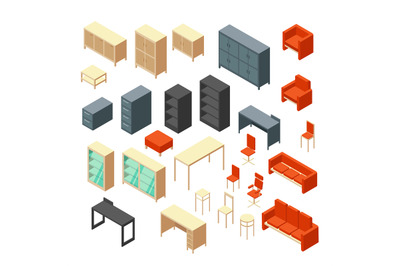 Isometric 3d office furniture isolated. Interior elements vector set