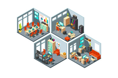 Isometric business offices with different workspaces. 3d vector office