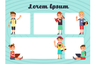 Fun frames kids layout. Vector texting brochure backgrounds with carto