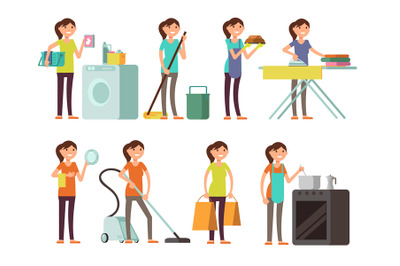 Cartoon housewife in housework activity vector set. Happy woman perfor