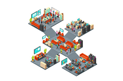 Isometric business offices with staff. 3d businessmen networking in of