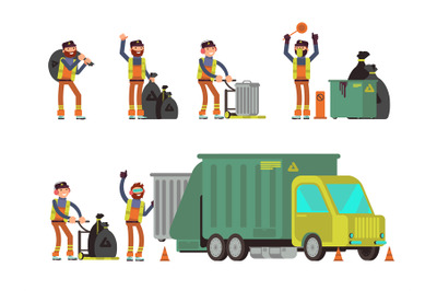 Garbage man collecting city rubbish and waste for recycling. Vector se