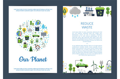 Vector card or flyer templates set with ecology flat icons illustratio