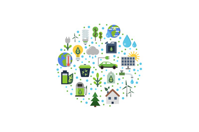 Vector ecology flat icons gathered in circle illustration