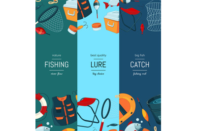 Vector banners&2C; card or flyer illustration with cartoon fishing equipm