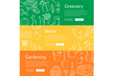 Vector gardening doodle icons horizontal web banners illustration