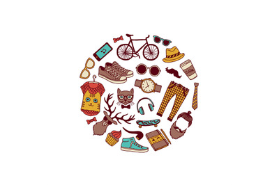 Vector hipster doodle icons in circle shape illustration