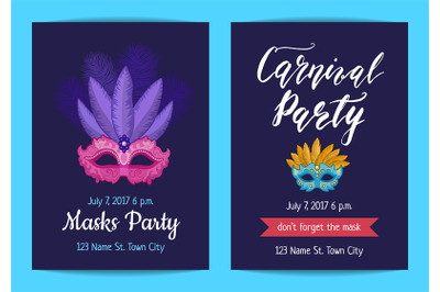 Vector party invitation template with masks and party accessories