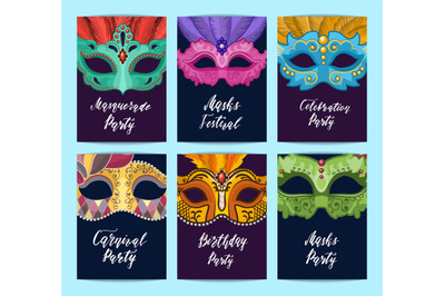 Vector card or flyer templates set with carnival masks illustration