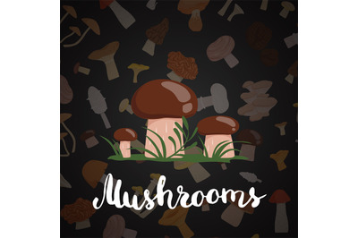 Vector background with cartoon mushrooms and lettering