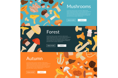 Vector horizontal web banners illustration with cartoon mushrooms