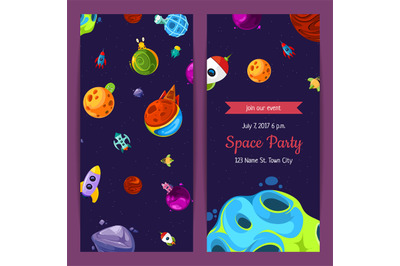 Vector party invitation with space elements, planets and ships