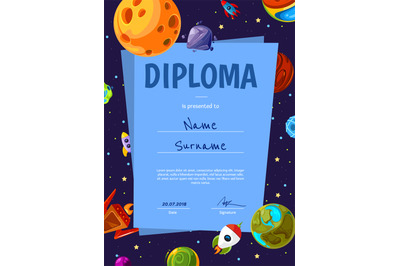 Vector certificate template with with cartoon space planets and ships