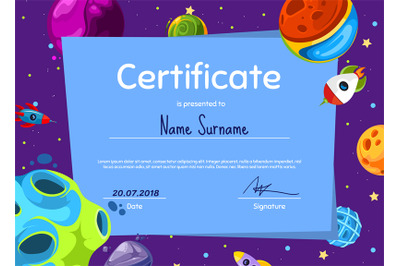 Vector children diploma or certificate with cartoon space planets and