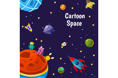 Vector with cartoon space planets and ships