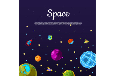 Vector background with cartoon space planets and ships