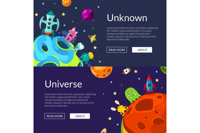 Vector horizontal web banners illustration with cartoon space planets