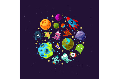 Vector cartoon space planets and ships