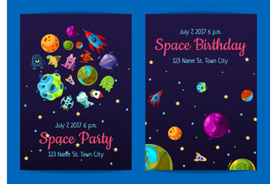 Vector space birthday party invitation templates with space elements&2C;