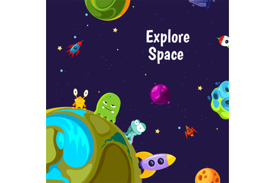 Vector background with cartoon space planets and ships