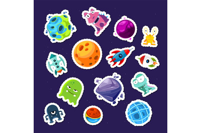 Vector cartoon space planets and ships stickers set