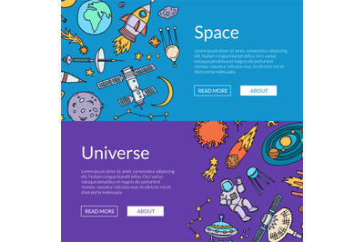 Vector hand drawn space elements horizontal web banners illustration