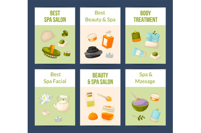 Vector card or flyer set with cartoon beauty and spa elements