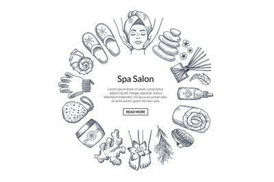 Vector hand drawn spa elements in circle form with place for text in c