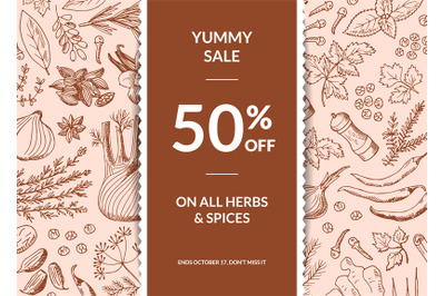 Vector hand drawn herbs and spices sale background with ribbon and pla