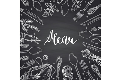 Vector menu background on black chalkboard illustration with hand draw