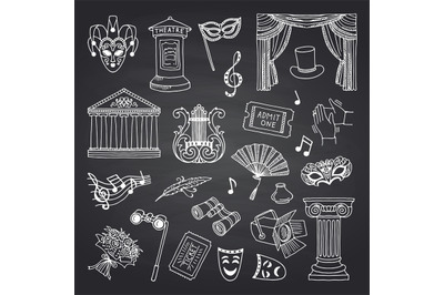 Vector set of doodle theatre elements on black chalkboard illustration