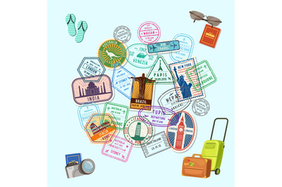 Vector concept illustration with post marks and immigration stamps all