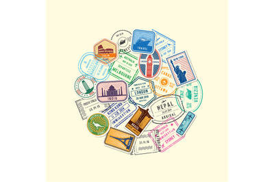 Vector world immigration and post stamp marks gathered in circle illus