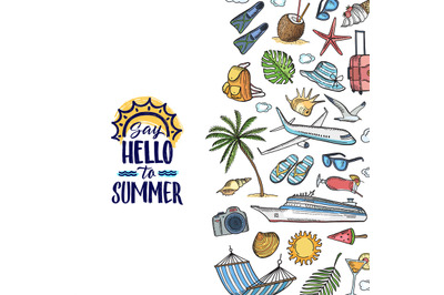 Vector hand drawn summer travel elements background with place for tex