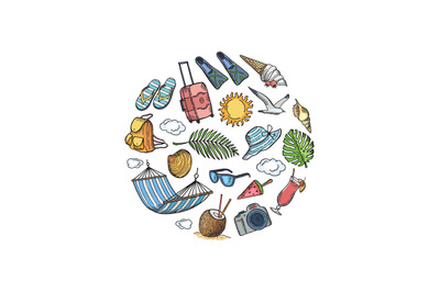 Vector hand drawn summer travel elements in circle shape illustration