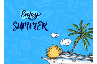 Vector hand drawn summer travel elements background with place for tex