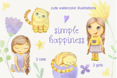 Simple happines. Set of watercolor girls and cats